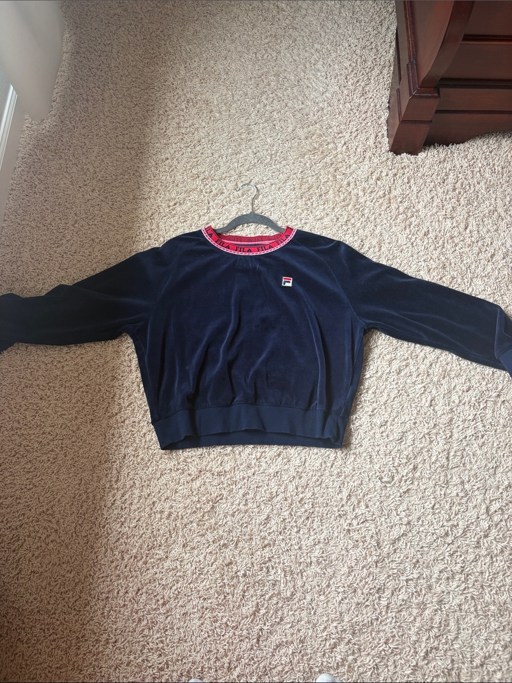 Fila Women's Navy Velour Crewneck with Pink Logo Trim